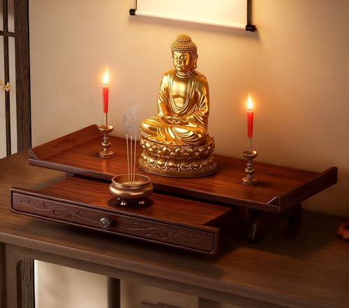 GEZHUCAO Buddha-Altarregal Mit Ausziehbarer Ablage, Wandmontage/Tischmodell Buddha-Statuen-Ständer Schrein Altar Tisch – Meditationstisch, Altarvitrine Für Puja, Gebet(Desktop,60CM/23.62)