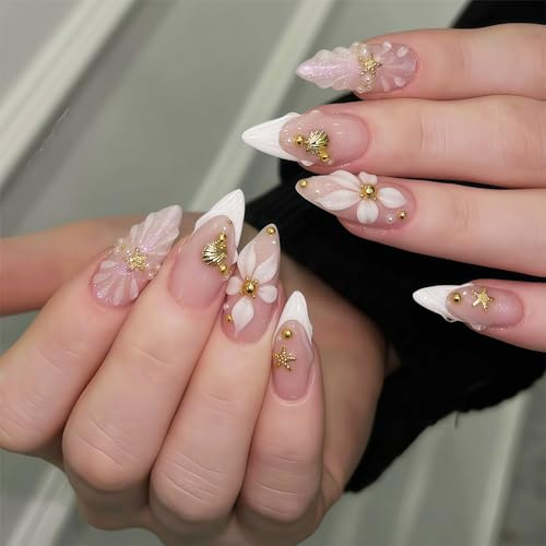 Bubaxuce Weiße Französische Spitzen Press On Nägel Mittlere Mandel Künstliche Nägel 3D Blume Nägel Aufkleber Gold Edelstein Aufkleber Sterne Acryl Nägel Perle Kleben
