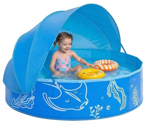 Planschbecken mit Schatten, Klappbares Kinderplanschbecken mit Mückennetz, Belüftungsdesign, Tragbare Spielzelt Bällebad für Balkone, Parks, Campingplätze und Strände