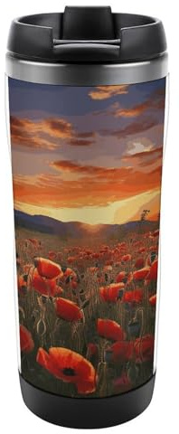 MUSM Red Poppy Flower Field in Sunset Tumbler 13oz Double Wall Vacuum Insulated Stainless Steel Water Bottle Leak-Proof Lid Portable Travel Mug Water Flask Coffee Mug Cup for Office Outdoor Car
