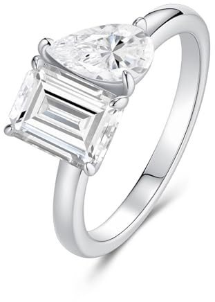 Moissanite, anello da donna sottile, liscio, con moissanite rettangolare da 6 x 8 mm e 5 x 8 mm, a forma di goccia 9 K/14 K/18 K, oro bianco/platino Pt950