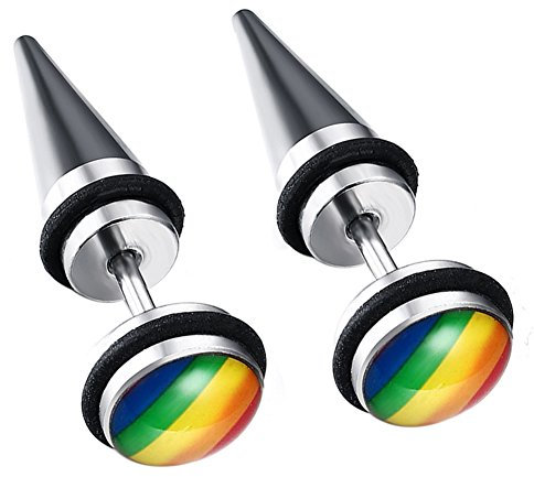 Flongo LGBT Ohrstecker Ohrringe Gestüt Ohrhänger Gummi Kautschuk Silber Spitze Stecker Plug Taper Regenbogen Streifen Gay Pride Schwul Homosexual Homosexuell