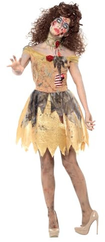 Smiffys Zombie Golden Fairytale Costume, Yellow with Dress, Attached Latex Ribs, Headband & Choker, Halloween Zombie Alley Fancy Dress, Storybook Character Dress Up Costumes