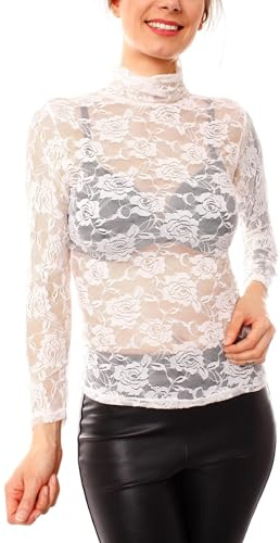 Easy Young Fashion - Damen Turleneck Langarmshirt mit Spitze - transparente Stehkragen Bluse - Skinny Fit OneSize 1096 - Creme