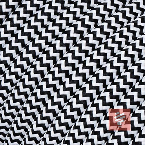 3 Meter - Textilkabel für Lampe, Stoffkabel 2-adrig (2x0,75mm²) Schwarz-Weiß zick/zack