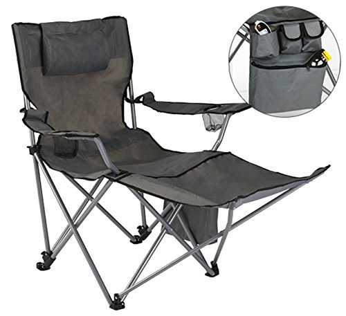 Gravidus Campingstuhl Grau mit Beinablage und Getränkefach, Praktisch und Bequem aus Robustem Polyester, Inkl. Tragetasche für Outdoor, Festival und Garten
