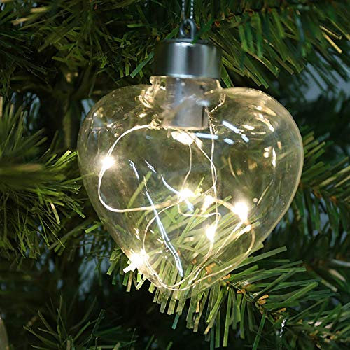 Warmiehomy 6 x Christmas Tree Baubles Heart Shape Clear Baubles Hanging Glass Baubles with Warm White LED Lights for Xmas Tree Holiday Party Festival Decoration