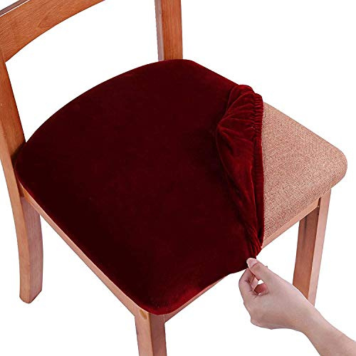 smiry Stretch Chair Seat Covers for Dining Room, Velvet Dining Chair Seat Protectors Chair Slipcovers, Set of 1, Wine Red