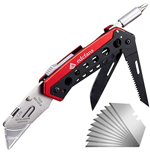Folding Pocket Utility Knife Heavy Duty Box Cutter with Flat Head and Phillips Screwdriver, Saw, Fruit Knife, Belt Clip, Quick Change Blades Lock Back Design(10 Blades)