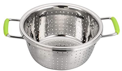 Contiup Acier Inoxydable Profond Passoire CP72 Micro-perforé 2,5 Pintes Métal Passoire Alimentaire avec Vert Poignées en Silicone pour Évacuation Pâtes Nettoyage Aliments comme Fruit