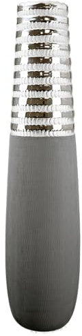 GILDE Deko Vase Bodenvase Newtown - Keramikvase - grau-matt - Silber-glänzend – Vase groß Höhe 65 cm - Breite 15 cm