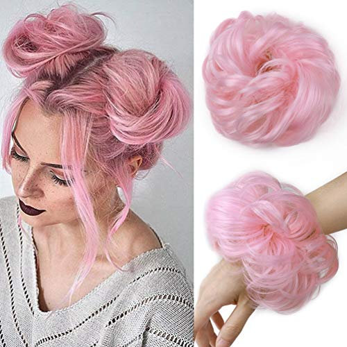 Hair Extensions Haarverlängerung Haarteil Haargummi Hochsteckfrisuren Voluminös Unordentlicher Dutt Gewellt Wavy wie Echthaar Hell-Pink