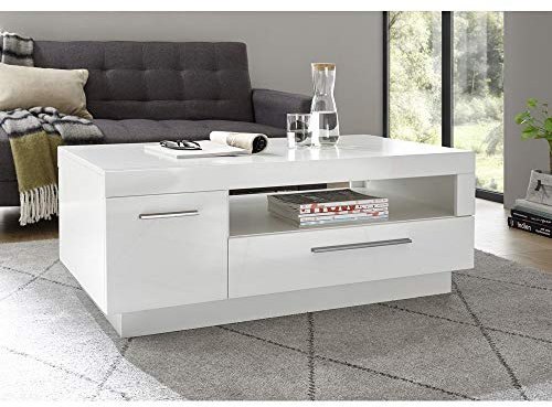 Lomadox Couchtisch Hochglanz weiß, 1 Tür, 1 Schubkasten, Ablagefach, B/H/T: 110/44/65 cm