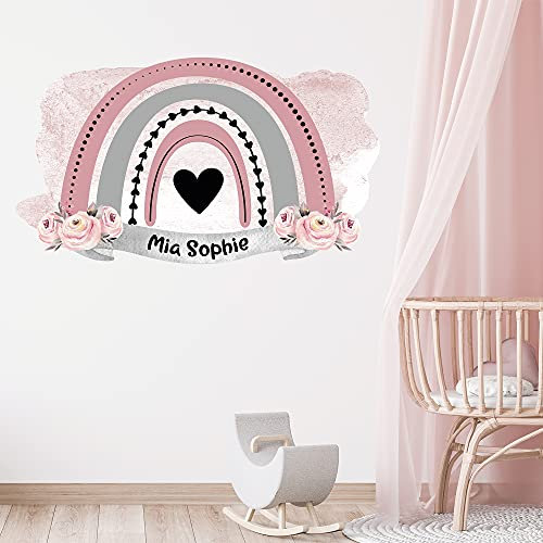 GRAZDesign Wandtattoo Regenbogen mit Namen personalisiert pastell Kinderzimmer Aufkleber, Herz für Jungen & Mädchen - 88x50cm / Rosa
