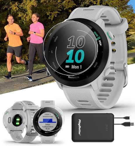 Garmin Forerunner 55 - Orologio da corsa con GPS, per principianti, con monitoraggio della frequenza cardiaca, con monitoraggio del tempo, ritmo e velocità, con protezioni in vetro temperato e