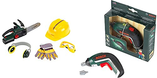 Theo Klein 8532 Bosch Kettensäge mit Zubehör I Batteriebetriebene Säge mit Sound- und Lichtfunktion & 8300 Bosch Ixolino I Batteriebetriebener Akkuschrauber mit Licht und Sound I ab 3 Jahren