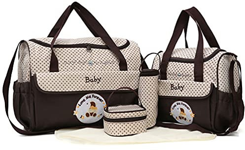 ZhuiKun 5er-Set Baby Wickeltasche Babytasche Tasche Mutter Windeltasche Handtasche Schultertasche Flaschenhalter mit wickelunterlage (Kaffee)