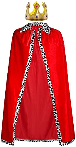 Königsmantel Königinsmantel Samtmantel Kostüm + Krone König Königin für Damen Herren Halloween Erwachsene Mottoparty Theater Fasching Cosplay Karneval Verkleiden Accessoires (49.2in/125cm, Red)