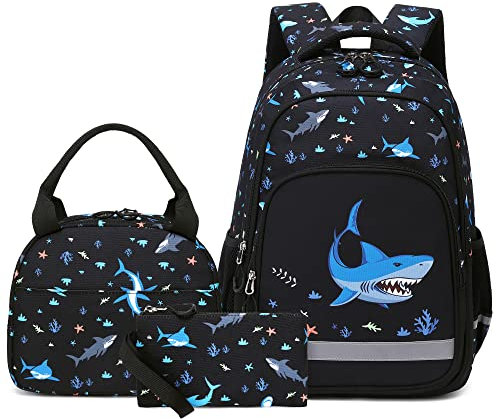 Kouxunt Schulrucksack Mädchen Jungen, Rucksack Schule Schultaschen 3 Teile Set Schulranzen mit Lunch-Taschen Federmäppchen für Kinder Teenager (Hai)
