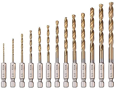 13Pcs Brocas de Hexagonal HSS,1.5-6.5MM Accesorio para Herramientas Rotatorias Vástago Hexagonal de 1/4 pulg HSS Espiral Juego de Taladro,para Taladrar Paredes Madera Plástico