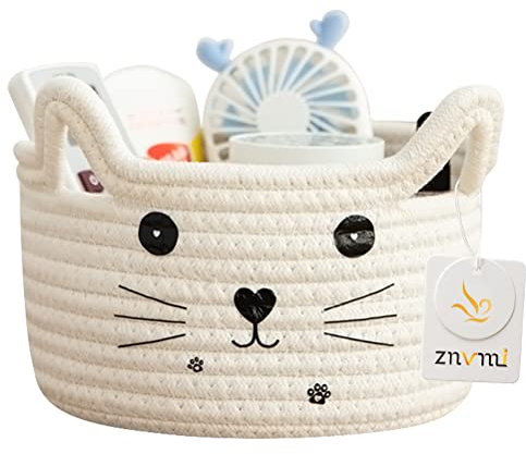 Znvmi Panier de Rangement Petit en Corde de Coton Boîte de Rangement Tissée Panier de Stockage Motif Chat pour Bébé Jouets, Maquillage, Clés - Blanc