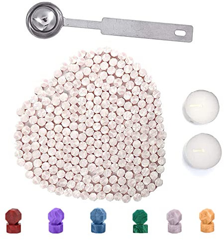 Siegelwachs Set, 200 Siegelwachs Perlen, Wachssiegel Mit 2 Stück Teekerzen + 1 Stück Wachs Siegelwachs löffel, Siegelwachs Für Wachssiegelstempel,Achteckige Siegellackperlen mit Aufbewahrungsbox(Rosa)