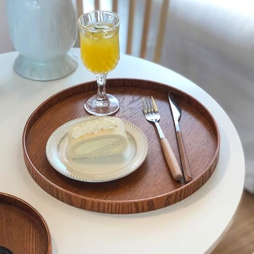 Uadme Deko Tablett, Rustikales Dekoratives Rundes Serviertablett aus Natürlichem Holz mit Griffen und Erhöhtem Rand für Dessert Kuchen Essen Kaffee Wein Obst Tischdekoration