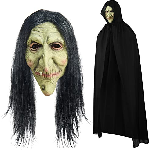 Suilung 2 Stück Halloween Gruselige Masken Kostüm für Erwachsene Schwarzer Umhang mit Kapuze Schwarzer Umhang Alte Frau Hexen Kostüm für Damen Herren Halloween Cosplay