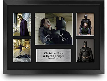HWC Trading FR A3 Christian Bale & Heath Ledger The Dark Knight Batman & Joker Geschenke Geducktes Signiertes Autogramm Foto für Fans von Film Memorabilien - A3 Gerahmt