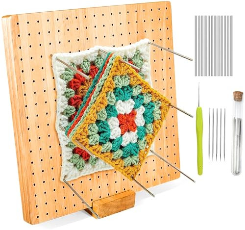 Sperrbrett Für Granny Square, Häkel Zubehör, Häkelprojekte Sperrbrett Häkeln Holz with 20 Edelstahl-Stabstiften Und 5 Nadeln, Strickzubehör für Großmütter, Mütter, Freunde Geschenk