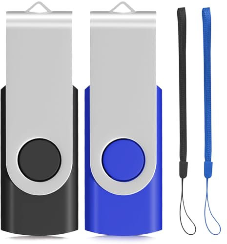 EASTBULL 2GB Usb Stick 2 Pack, Memory Sticks USB 2.0 Metal Flash Drive Swivel Design Fold Storage with 2 Lanyards (Black/Blue)