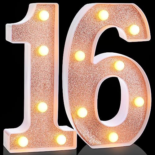 Treela 8.7'' Decorative LED Light up Numbers, Light up Number Sign for Night Birthday Party Decorations Happy Birthday LED Sign Backdrop Anniversary Wedding Party Bar Wall Decor (Rose Gold, 16th)