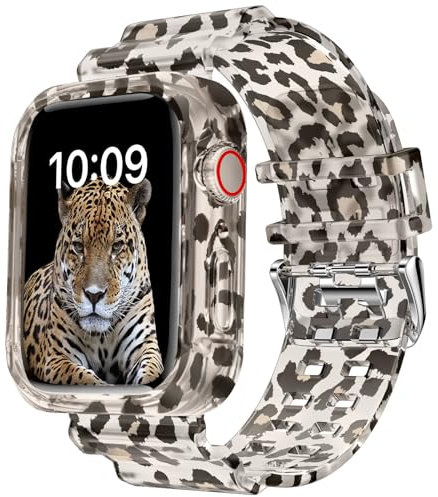 DABAOZA Compatible for Clear Apple Watch Band with Bumper Case 45mm 44mm 42mm, Women Men Glitter Bling TPU Sport Strap for iWatch SE Ultra 3 2 Series 11 10 9 8 7 6 5 4 3 2 1（Leopard,45/44/42）