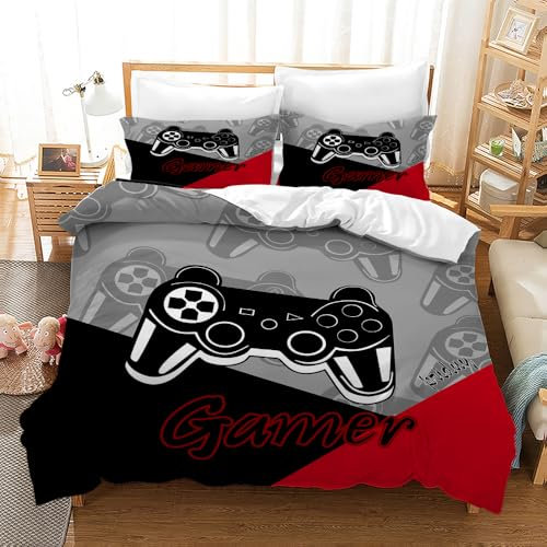 Leleyouzer Housse de Couette Gamer 135x200 cm,3D Impression Parure de Lit Gamer,Housse de Couette Enfant en Microfibre + 2 Taies d'oreiller 50x75 cm