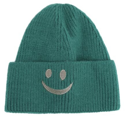 FASHION YOU WANT Beanie-Mützen für Herren, Unisex, Smiley, Bestickt, weich, SMILEY2 warm, Winter, Manschette, Strickmützen für Damen (DE/NL/SE/PL, Alphanumerisch, Einheitsgröße, grün)
