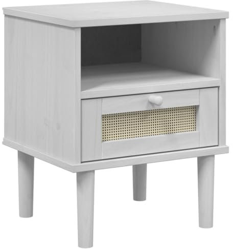 vidaXL Nachttisch, Nachtschrank Rattan-Look, Nachtkommode mit Stauraum für Schlafzimmer, Nachtkonsole Beistelltisch, Weiß Massivholz Kiefer