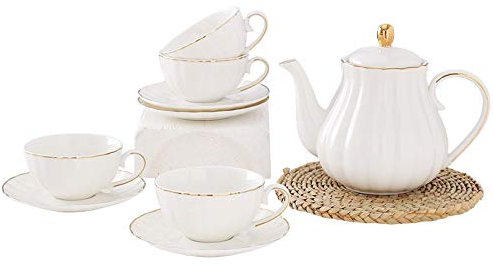 Teeservice Für Erwachsene Königliche Teetassen Und Untertassen Mit Goldrand Weißes Porzellan Teeservice Mit Teekanne Kaffeetassen,A (A) (B)