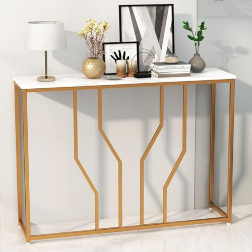 LIFEZEAL Tavolo Console, Effetto di Marmo, Consolle Moderno, Tavolo d’Ingresso, Telaio in Metallo, Piedini Regolabili, Salvaspazio, per Corridoio, Soggiorno, Entrata, Max 30kg, 110x30x80cm, Oro
