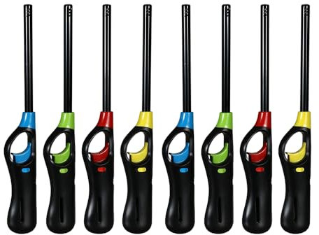 OBD 8 x Refillable BBQ Lighter Safety Gas Adjustable Flame Windproof Candle Lighter Ideal for Kitchen Barbecue Cooking Camping Fireworks (Assorted Colors)