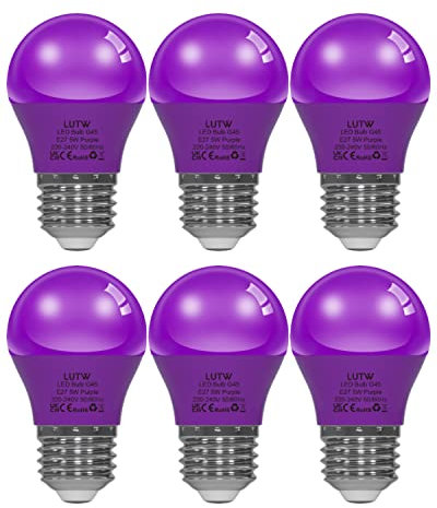 LUTW Lila Bunte Glühbirnen E27, 5W LED Farbige Glühbirne ersetzt 40W Glühlampe, G45 Globe Farbig Leuchtmittel Lampe für Hochzeit Halloween Weihnachten Party Bar, 6 Stück