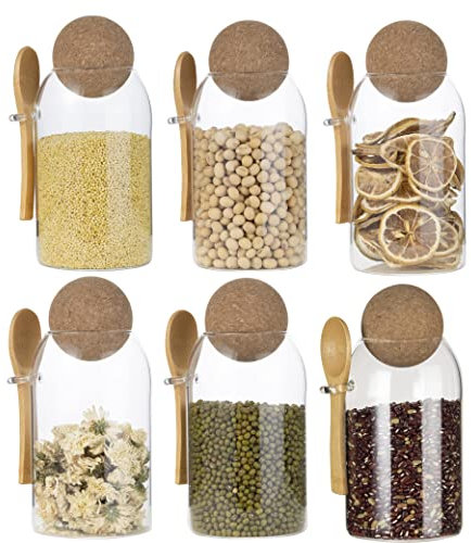 Eden & Willow Clear Glass Kitchen Jar with Cork Ball Lid and Bamboo Spoon | BPA-Free Mason Canister for Coffee, Beans, Spices, Dry Foods (Set of 6, 0.8L)