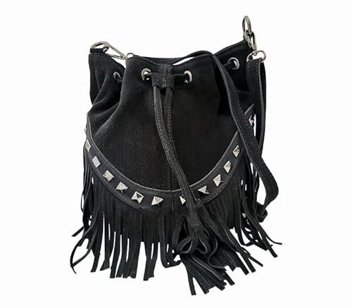 Zacia Eimertasche aus echtem Leder mit Fransen, Schwarz