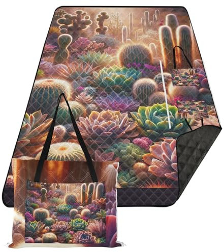 ODAWA Faltbare Sand-Strandmatte mit Sukkulenten und Kaktus, große Matte für Camping oder Reisen, 203,2 x 299,7 cm