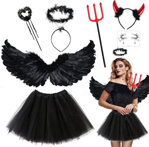 Teufel Kostüm Schwarz Engel Kostüm Damen Mädchen, Engelsflügel Kostüm mit Schwarze Flügel Heiligenschein Zauberstab Teufelshörner Heugabel Tutu Rock, Engel und Teufel Kostüm für Halloween Karneval