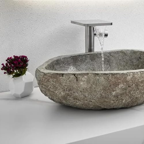 CLALER Waschbecken Oval 45-53 x 15 cm, Flussstein Naturstein Aufsatzwaschbecken für das Badezimmer und Gäste-WC Waschschale ohne Hahnloch und ohne Überlauf, Aufsatzbecken Handwaschbecken