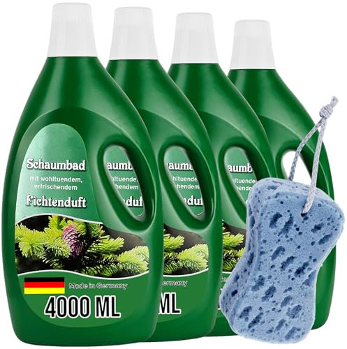 Schaumbad Badewanne Fichte 4 x 4L - Wellness Badezusatz mit Fichtennadel-Aroma, Hautpflege & Entspannung, inkl. Schwamm