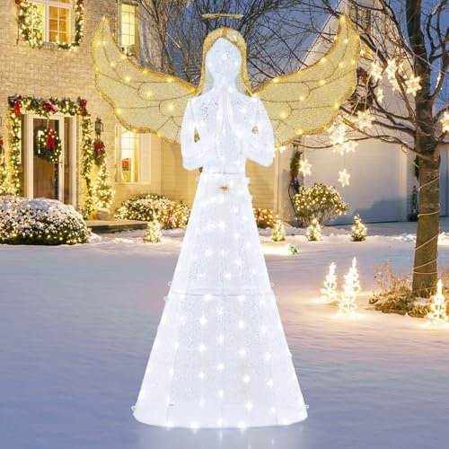 COSTWAY Weihnachtsengel beleuchtet groß, Weihnachtsdeko mit 150 LED-Lichtern, 155 cm hohe Weihnachtsfigur, Weihnachtsdekoration, Weihnachtsbeleuchtung für außen und innen