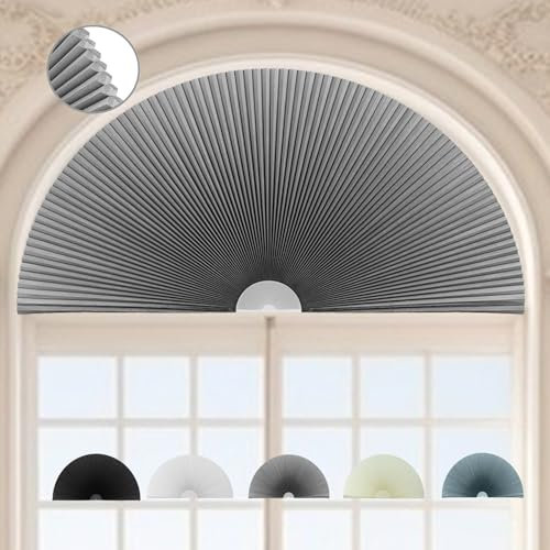 ChYoung Semicircular Honeycomb Shades, Blackout, Cordless, Easy Install, Energy Efficient, UV Protection, Noise Reduction, Grey, Polyester, 90*45cm (Radius:45cm), Indoor General Use, Manual Control