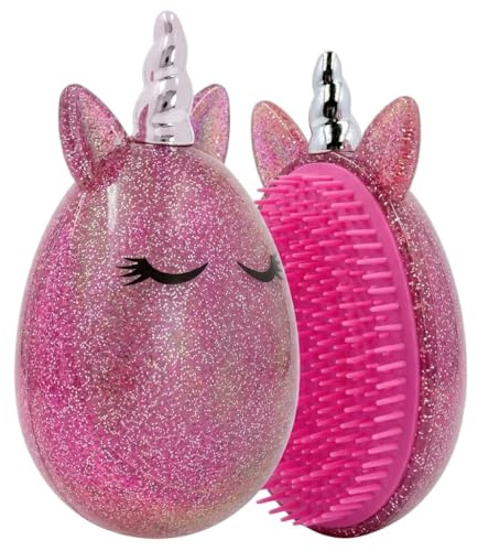 MIJOMA Haarbürste Einhorn zum Entwirren & Entknoten für jeden Haartyp, Kopfhaut-Massage, Hair Brush To-Go, 11,5 x 6,5 cm, glänzendes Einhorn-Design, nasses & trockenes Haar (Pink Glitter)