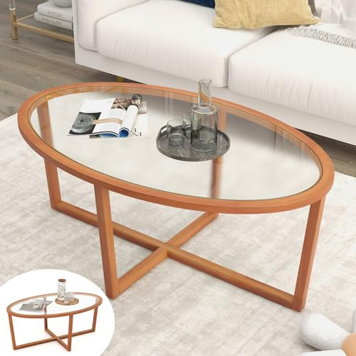 GOPLUS Table Basse Verre Vitrée Ovale, Table de Salon avec Plateau en Verre Trempé et Cadre en Bois Massif, Style Moderne, pour Bureau, Charge 50KG, 118 x 71,5 x 47,5 CM